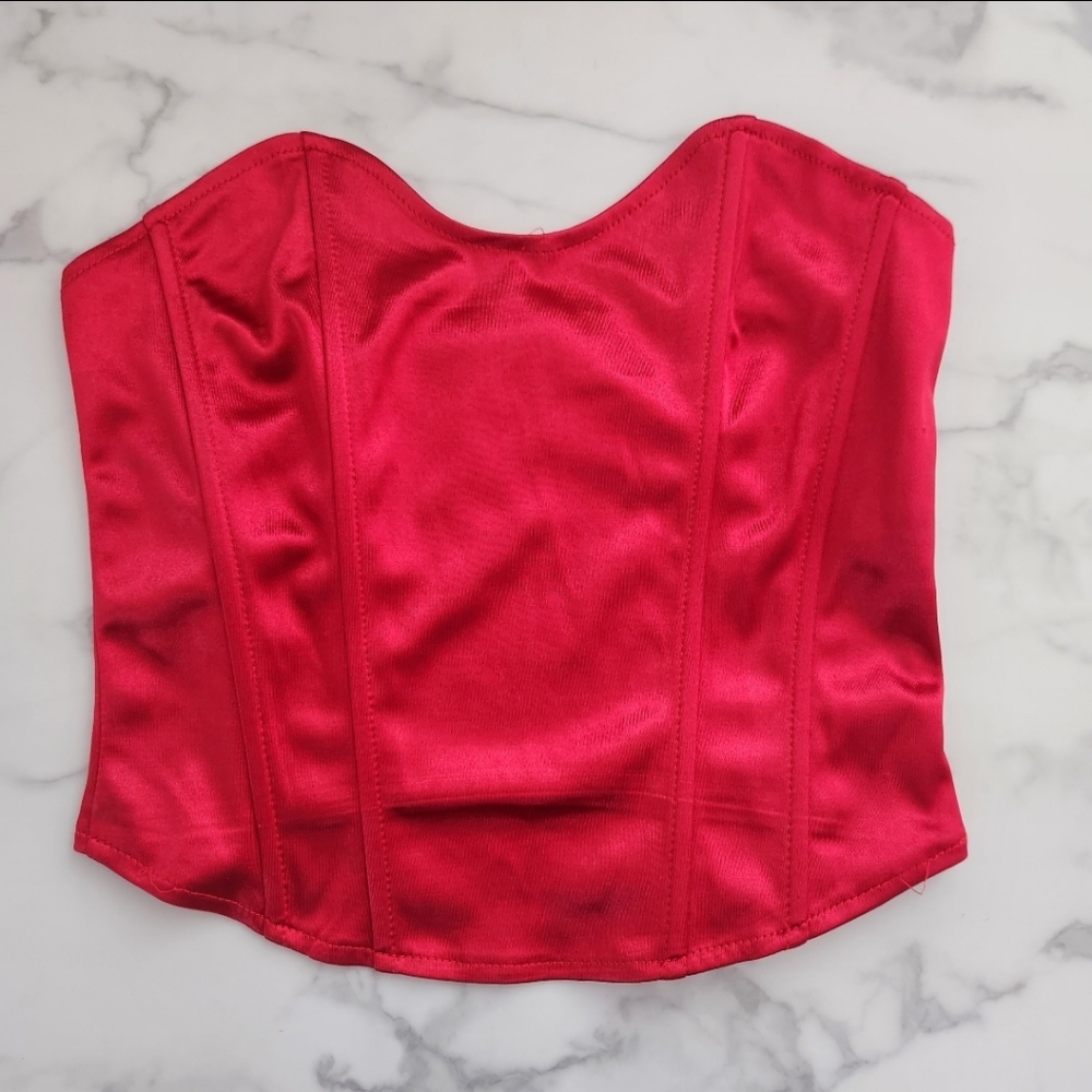 Red Satin Strapless Crop Top Bold & Chic Size Medium - Picture 12 of 16